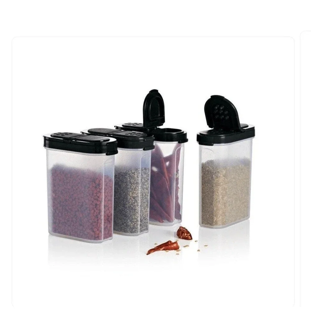 Tupperware Large Spice Shakers Set Of 4 With Black Lids EUC